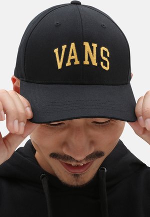 Cappellino da baseball nero in tessuto con corona arrotondata e visiera curvata, con "VANS" ricamato in oro.