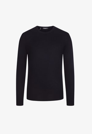 Schwarzer, Rundhalsausschnitt, langärmeliger Pullover aus glattem Strickstoff. Mit gerippten Bündchen und Saum, im minimalistischen Design und ohne Muster.