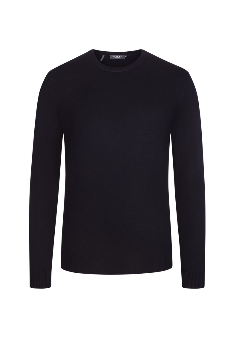 Maglione nero a collo rotondo, maniche lunghe, realizzato in un tessuto a maglia liscia. Presenta polsini e orlo a coste, con un design minimalista e senza motivi.