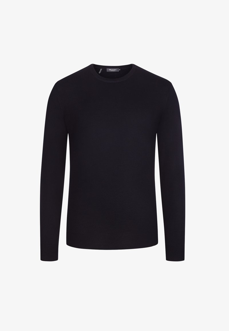 Schwarzer, Rundhalsausschnitt, langärmeliger Pullover aus glattem Strickstoff. Mit gerippten Bündchen und Saum, im minimalistischen Design und ohne Muster.