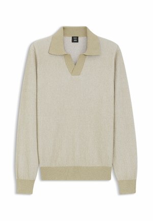 Beige langærmet strikket sweater med krave og V-formet halsudskæring, ribstrikkede manchetter og kant.