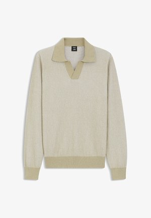 Beige gebreide trui met lange mouwen, een kraag en een V-hals met een inkeping, geribde manchetten en zoom.