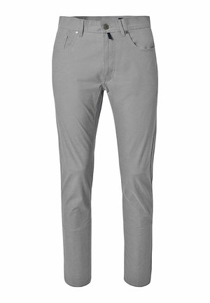 Pantaloni da uomo slim-fit grigio chiaro con bottone frontale, cerniera, passanti per cintura e cinque tasche.