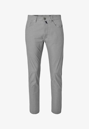Pantaloni da uomo slim-fit grigio chiaro con bottone frontale, cerniera, passanti per cintura e cinque tasche.