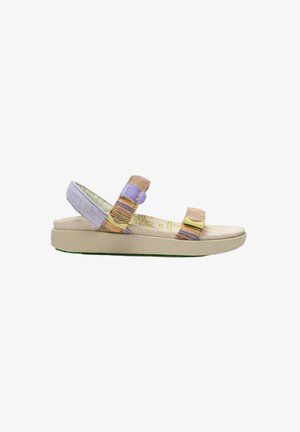 Sandalia beige clara con suela acolchada, correas de tela multicolor ajustables y una correa trasera lavanda para un ajuste seguro.
