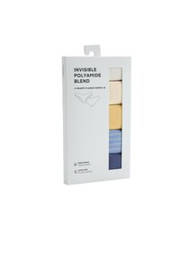 Lot de cinq culottes bikini classiques en forme de V en beige, jaune, bleu rayé et bleu foncé uni, tissu respirant et à séchage rapide.