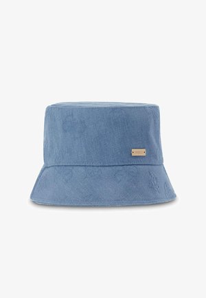 Light blue denim bucket hat with a small rectangular metal Guess logo on the front side.