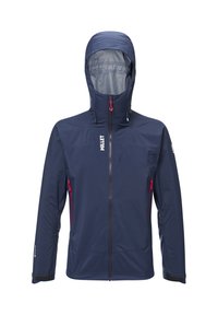 Granatowa wodoodporna kurtka z kapturem, z czerwonymi zamkami błyskawicznymi, dwoma bocznymi kieszeniami na zamek oraz elastycznymi mankietami dla lepszego dopasowania.