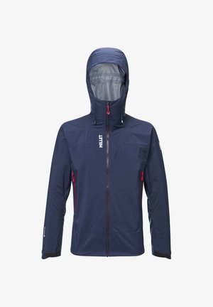 Granatowa wodoodporna kurtka z kapturem, z czerwonymi zamkami błyskawicznymi, dwoma bocznymi kieszeniami na zamek oraz elastycznymi mankietami dla lepszego dopasowania.