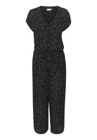 Jumpsuit negro con estampado floral, de manga corta, escote en V y cintura con lazo ajustable. Presenta un diseño de flores azules y verdes sobre una tela texturizada.