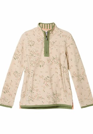 Pulover din material bej moale cu model floral verde. Prezintă un guler cu fermoar pe jumătate, mâneci lungi și tiv și manșete verzi.