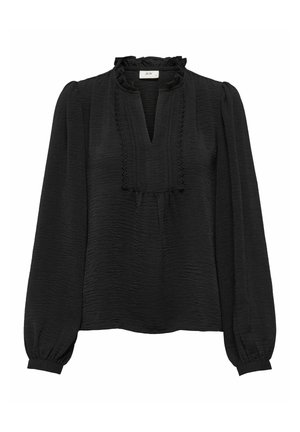 Svart langermet bluse med teksturert stoff, volangkrage og en V-formet åpning. Har samlet ermer og subtile sømdetaljer.