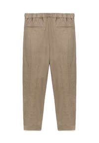 Lichtbruine linnen broek met een relaxte pasvorm, elastische tailleband en twee achterzakken, met een gladde textuur en een verfijnde uitstraling.