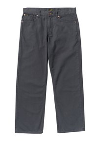 Dark gray cotton chinos with straight leg design, featuring five pockets, copper-colored rivets, and subtle brand tag on the waistband.
