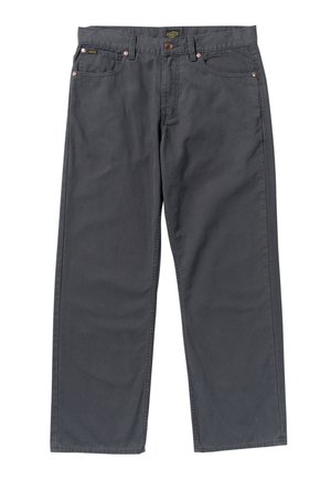 Chinos en coton gris foncé avec une coupe droite, dotés de cinq poches, de rivets de couleur cuivrée et d'une étiquette de marque discrète sur la ceinture.