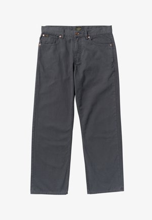 Donkergrijze katoenen chinos met een rechtlopende pasvorm, voorzien van vijf zakken, koperkleurige klinknagels en een subtiele merketiket op de tailleband.