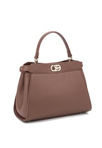 Borsa a mano in pelle marrone con una forma strutturata, caratterizzata da una texture liscia, manici corti e un dettaglio di chiusura in tonalità dorata nella parte superiore.