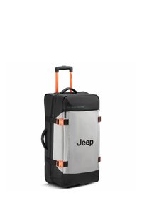 Jeep koffer op wielen in het zwart met een grijze voorkant, voorzien van oranje accenten, een uitschuifbare handgreep, zijhandvat en ritssluiting.