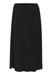 Zwarte knielange rok van zacht materiaal, met een elastische tailleband en zijsplitten voor gemakkelijk bewegen. Gladde textuur en een eenvoudig design.