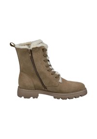 Beige Wildleder-Ankle-Boots mit einem Kragen aus Kunstfell, seitlichem Reißverschluss, Schnürung auf der Vorderseite und robustem Profilsohle. Verfügt über dezente Steppdetails.