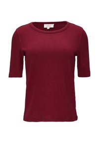 Camiseta de manga corta burdeos en tejido de canalé con cuello redondo, con un diseño sencillo y ajustado, sin patrones ni acentos visibles.