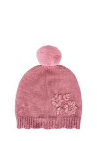 Beanie rosa a maglia con corona arrotondata, orlo a coste e un soffice pom-pom sulla parte superiore. Presenta dettagli floreali ricamati su un lato.