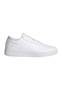 White athletic sneaker featuring smooth synthetic upper, flat laces, rounded toe, textured side panels, and a flat rubber sole.