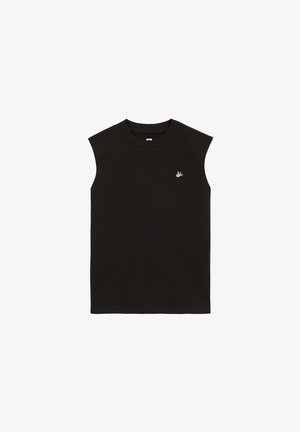 Czarna koszulka bez rękawów z okrągłym dekoltem i małym białym logo ptaka na lewej piersi, prosta konstrukcja, ułożona na płasko na białym tle.