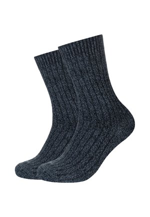 Paar dunkelgraue, gerippte Strick-Sneakersocken, nebeneinander gezeigt, mit einer strukturierten, wollähnlichen Oberfläche.
