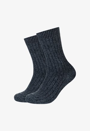 Pair of dark gray ribbed knit crew socks, shown side by side with a textured wool-like fabric.