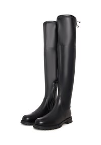 Botas de cuero negras hasta la rodilla con cremallera lateral, puntera redondeada, suela resistente y cordón ajustable en la parte superior.