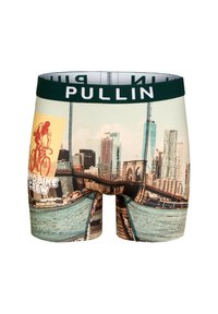 Boxers pour hommes avec un imprimé photo coloré de paysage urbain, dotés d'une ceinture élastique verte affichant "PULLIN" et de coutures contrastées.