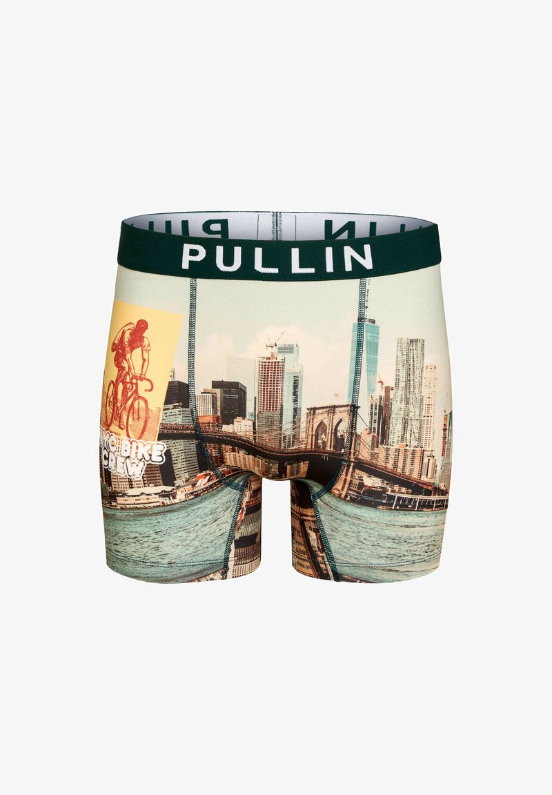 Boxers pour hommes avec un imprimé photo coloré de paysage urbain, dotés d'une ceinture élastique verte affichant "PULLIN" et de coutures contrastées.
