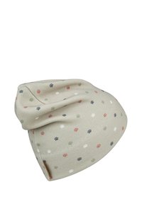 Beanie hat in soft grey fabric with colorful paw print pattern. Features a slouchy design and a small branded tag on the side.