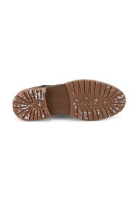Semelle de chaussure en caoutchouc brun avec un motif de texture et des marques d'usure blanches. Présente des arêtes et des formes surélevées pour une meilleure adhérence.