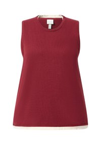 Mouwloze wijnrode gebreide sweatervest met ronde halslijn en witte bies zichtbaar aan de binnenkant van de hals en de zoom.