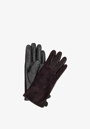 Para rękawiczek z czarną skórzaną dłonią i ciemnobrązowym zamszowym tyłem. Posiadają pięć palców i miękką teksturę.