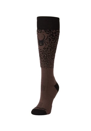 Chaussette marron montante avec motifs araignée noire et léopard, avec pointe, talon et bord-côte noirs.