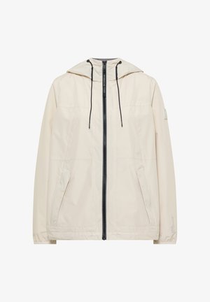 Lys beige hættejakke med sort lynlås og snoretræk, to forlommer og elastiske manchetter, designet til afslappet overtøj.