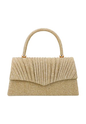 Gouden glinsterende handtas met geplooide klep en korte, ronde handgreep, gestructureerde rechthoekige vorm en accenten van goudkleurig beslag.
