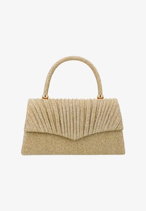 Geantă de mână aurie sclipitoare cu clapetă plisată și mâner scurt rotunjit, formă dreptunghiulară structurată, și accente de accesorii aurii.