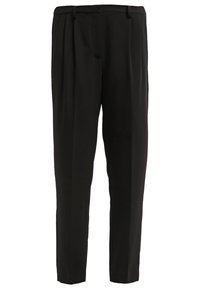 Svarta skräddarsydda byxor med en avslappnad passform, med en plisserad front, slät textur och bälteshällor. Inga synliga mönster eller detaljer.