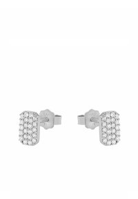 Silverfärgade studörhängen med rektangulär form, prydda med flera klara rhinstenar i en pavé-inställning. Slät metallbaksida.