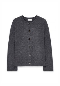 Pelēks adīts kardigāns ar apaļu kakla izgriezumu, garām piedurknēm un pogām priekšpusē, kurām ir sešas tumšas pogas. Elastīgs ribota apakšmalas un piedurkņu galu dizains.