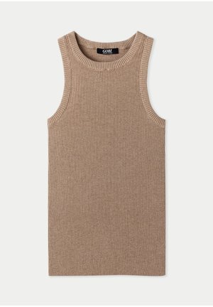 Beige geripptes Tanktop mit weiten Armlöchern und rundem Ausschnitt. Hergestellt aus weichem Strickmaterial. Markenlabel "GOBI" am Ausschnitt.