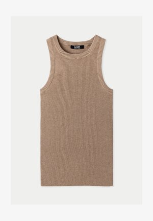 Beige geripptes Tanktop mit weiten Armlöchern und rundem Ausschnitt. Hergestellt aus weichem Strickmaterial. Markenlabel "GOBI" am Ausschnitt.