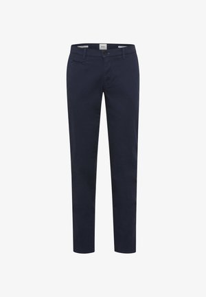 Navy blue chinos made of cotton blend, featuring a flat front, two side pockets, and a slim fit design with a smooth texture.
