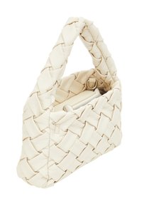 Woven cream leather handbag with a structured shape, short handle, and zippered pocket. Features textured accents throughout the design.
