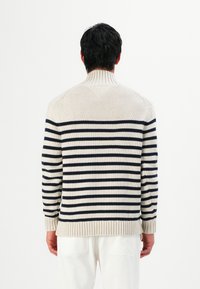 Uomo che indossa un maglione a righe crema e blu navy con colletto alto, visto da dietro su uno sfondo bianco semplice.