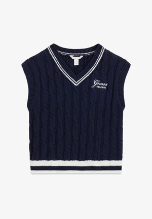 Marineblaue ärmellose Kabelstrickweste mit weißen Streifen am V-Ausschnitt und Saum, mit "Guess EST. 1981" auf der Brust bestickt.